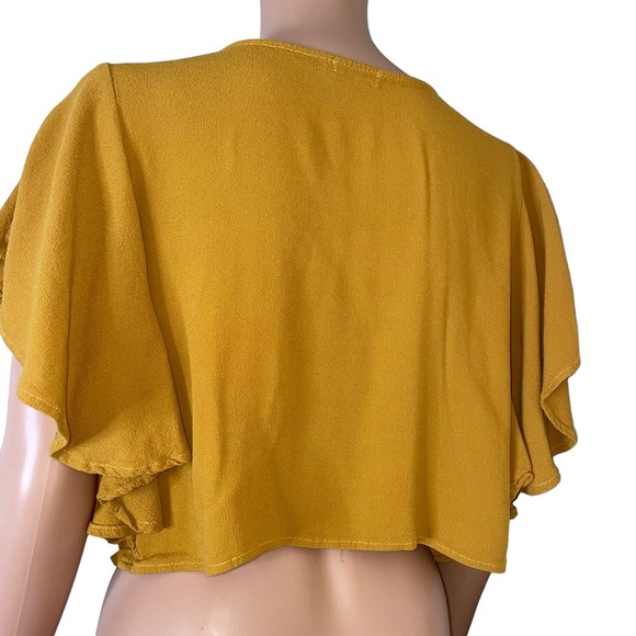 Tobi brand blouse mustard yellow embroidered cropped flowy sleeve flutter SZ SM - Picture 7 of 10